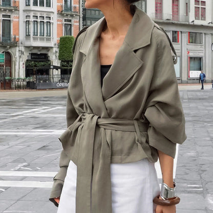 Style Women's Elegant Turn-Down Collar Belted Coat, Lazy Casual Versatile Trench Coat