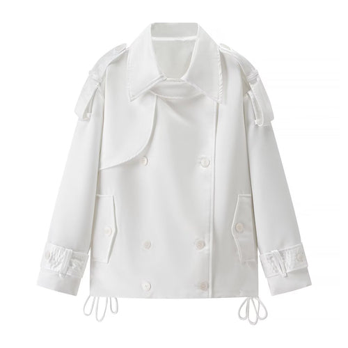 Long sleeved white double breasted loose jacket for women