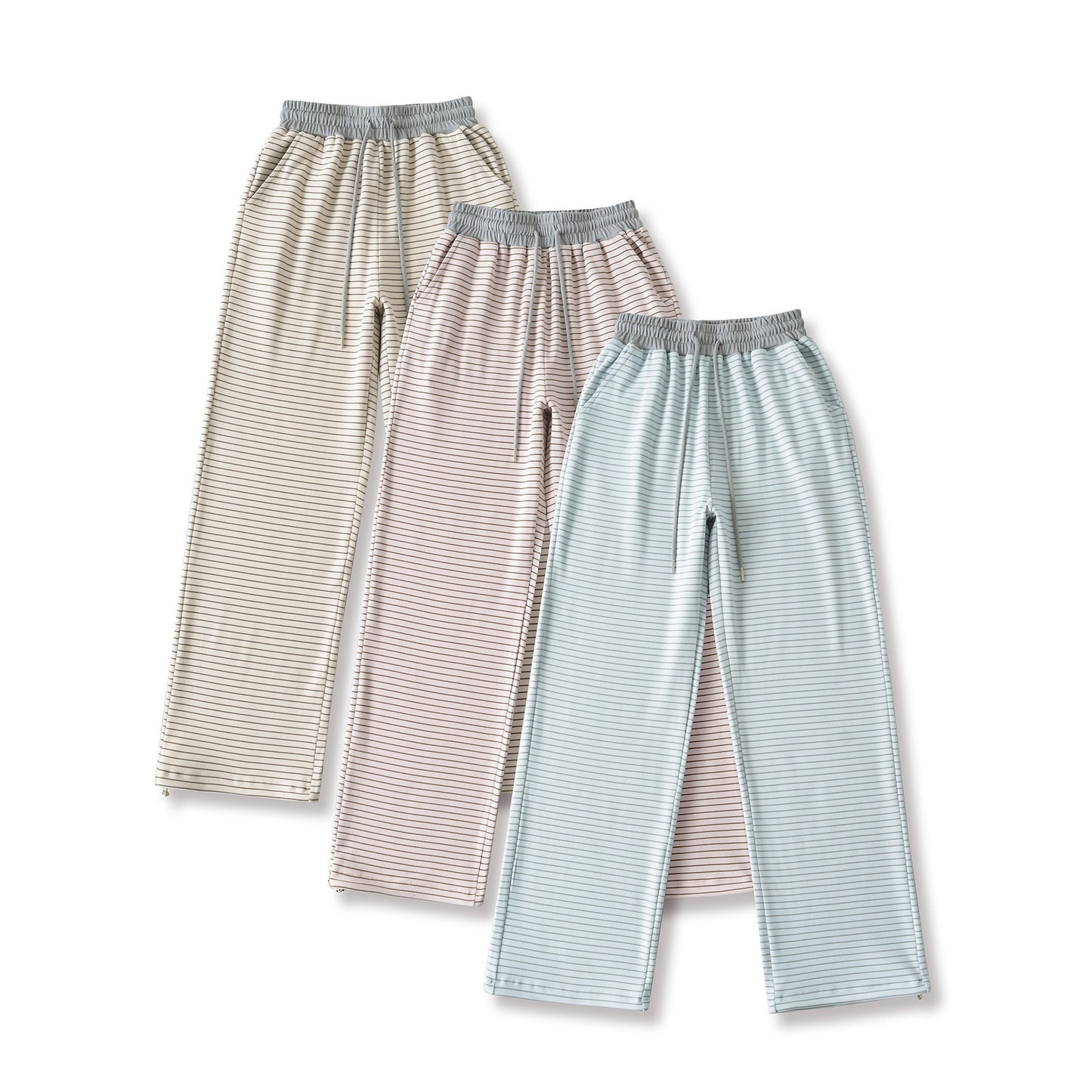 Derong lazy style contrasting striped high waisted wide leg pants