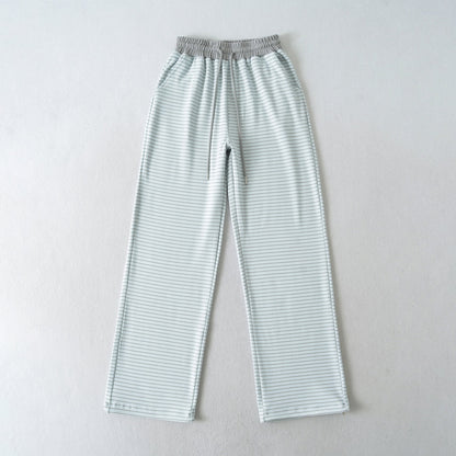 Derong lazy style contrasting striped high waisted wide leg pants